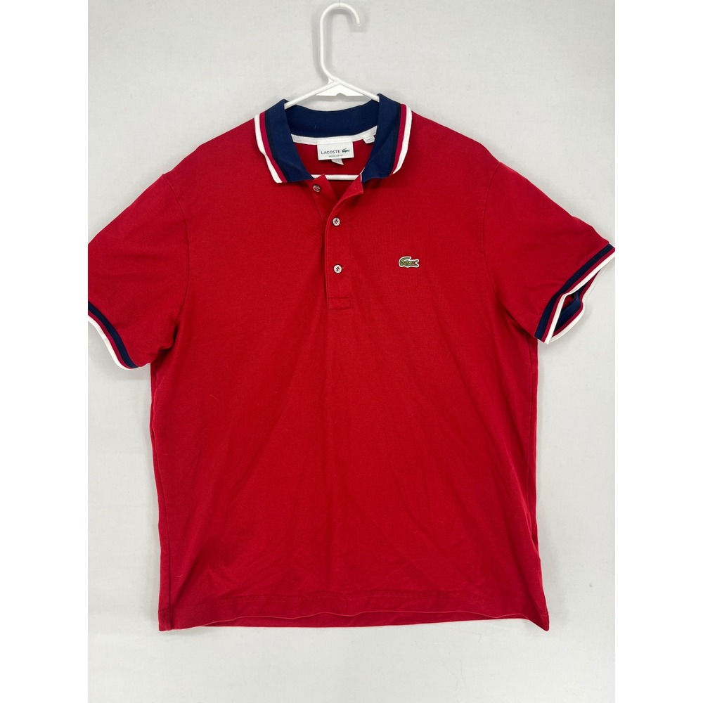 Lacoste Regular Fit Polo Shirt Mens XXL Red Navy Tipped Short Sleeve Pique